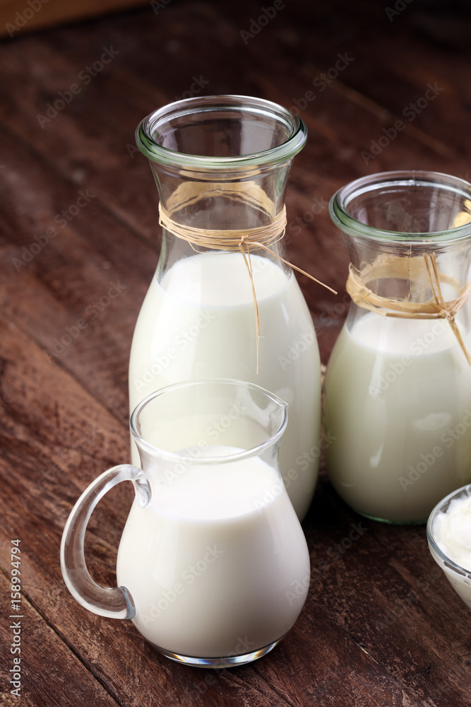 milk products - tasty healthy dairy products on a table on: sour milk products - tasty healthy dairy products on a table on: sour