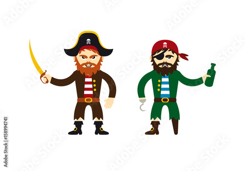 Pirate captain with wooden leg and hook vector illustration. Two pirates cartoon character. Pirate captain with saber vector. Funny pirat sailor icon set isolated on a white background