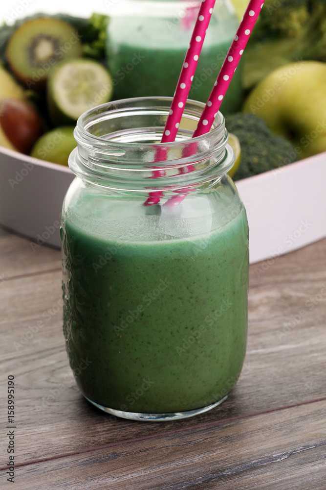 Healthy green smoothie and ingredients - superfoods, detox, diet Healthy green smoothie and ingredients - superfoods, detox, diet