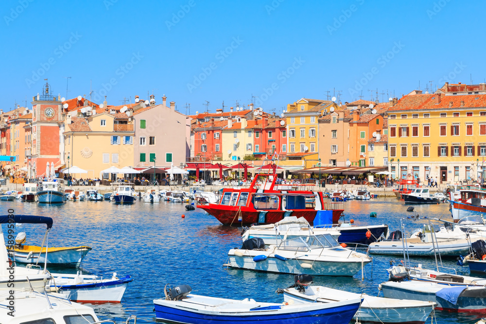 Beautiful medieval town of Rovinj, colorful  with houses and church the harbor