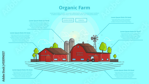 Concept of web banner with farm and infographic. Color vector illustration in linear style with farm landscape. Background with farming line elements.