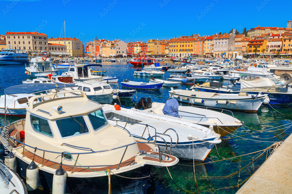 Beautiful medieval town of Rovinj, colorful  with houses and church the harbor