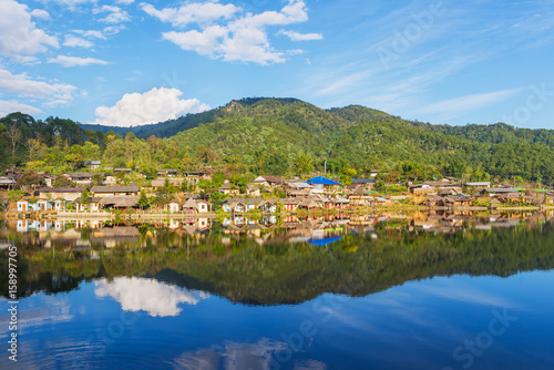 Beautiful lake and sky view natural the travel destination of Rak Thai village and mountain reflection in Pai district  Mae Hong Son Province  Thailand. 