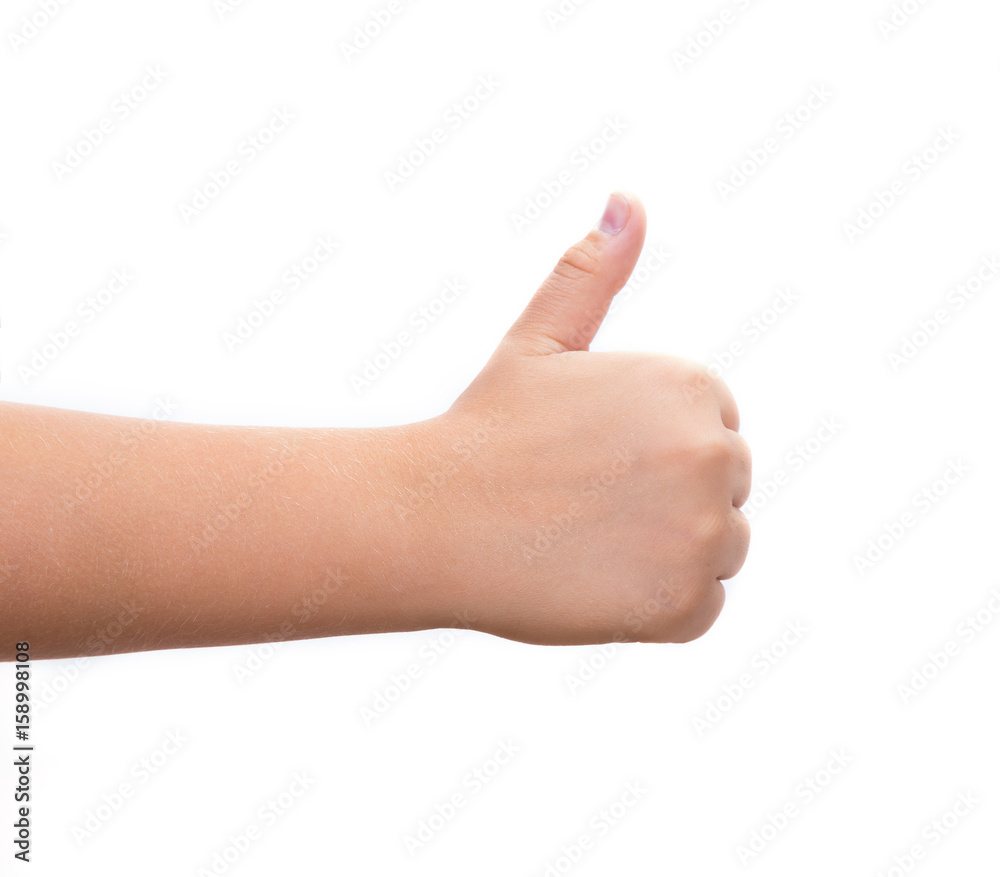 A close-up picture of a young man's hand showing a thumbs up sign on a white background A close-up picture of a young man's hand showing a thumbs up sign on a white background