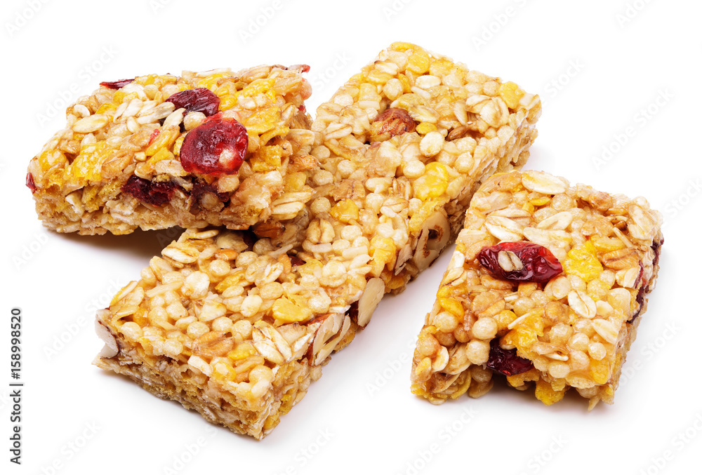 Broken healthy granola bar (muesli or cereal bar) isolated on white background Broken healthy granola bar (muesli or cereal bar) isolated on white background
