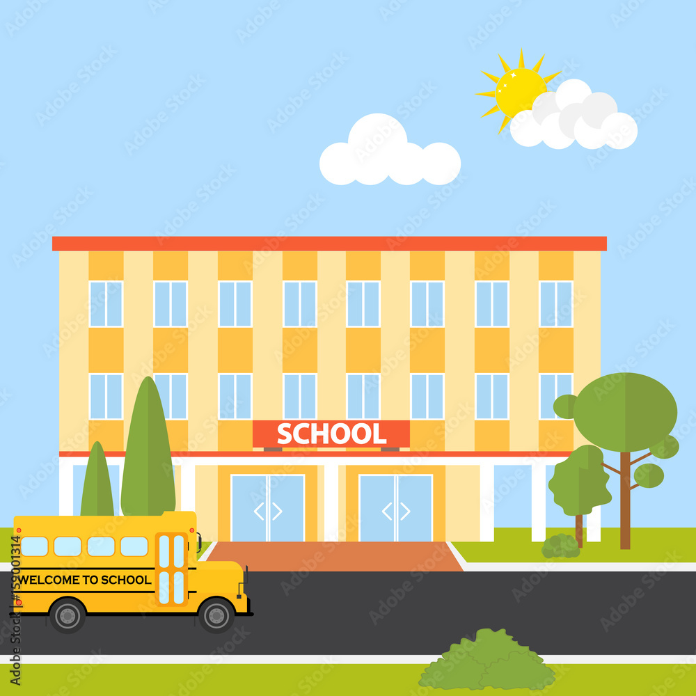 School building with school bus School building with school bus