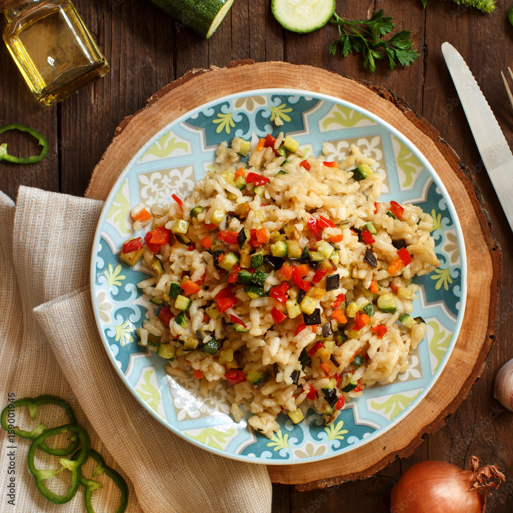 Risotto with vegetables top view