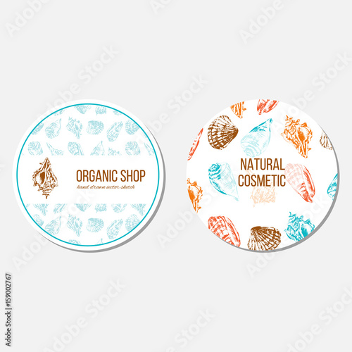 Seashells hand drawn vector colorful sketch isolated on white background, seamless pattern, underwater decorative marine blue texture, template label, layout design for card, beauty salon, cosmetics