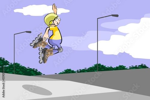 Rollerblader boy jumping in the skate park