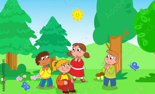 Four kids playing outside illustration