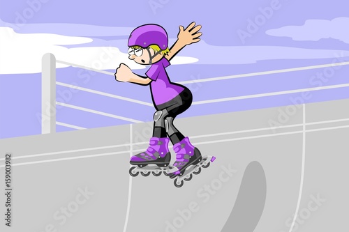 Rollerblader boy jumping in the skate park