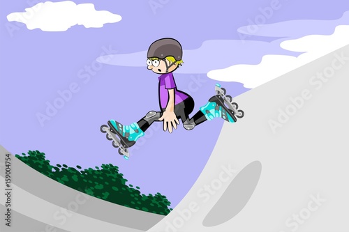 Rollerblader boy jumping in the skate park