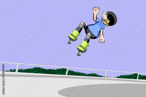 Rollerblader boy jumping in the skate park