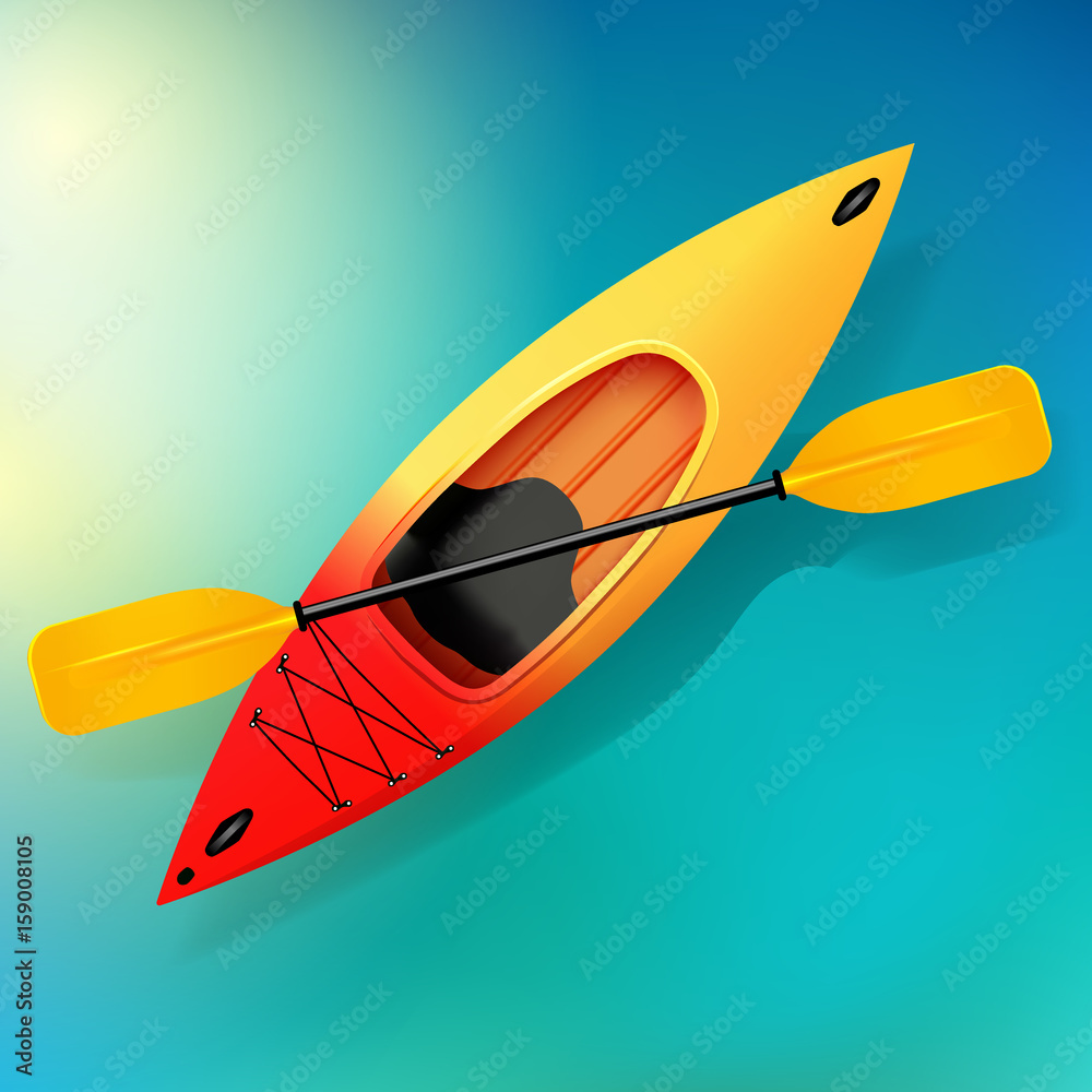 Kayak and paddle. Vector illustration of Outdoor activities Yellow kayak isolated, sea kayak - obrazy, fototapety, plakaty 