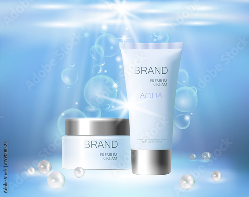 Aqua skin care creme cosmetic ad promoting poster template. Underwater deep sea blue sunlight ray pearls silver vector promo illustration 3d realistic background
