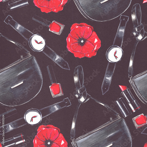 Seamless fashion pattern on dark paper, hand drawn with pencils and liner. Large raster illustration with women handbag, watches, nail polish, lipstick and poppy flower, good for young woman or girl