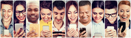 Happy people using mobile smart phone photo