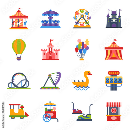 Carousels amusement attraction park side-show kids outdoor entertainment construction vector illustration.