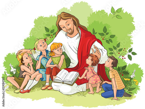 Obraz na plátně Jesus reading the Bible to children