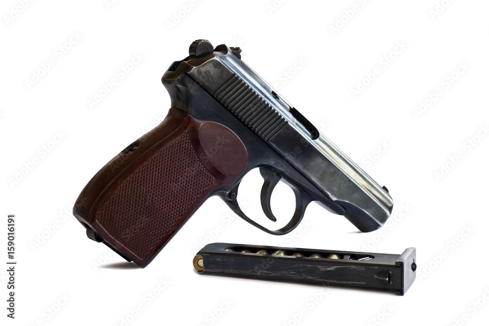 pistol with ammunition isolated on white background