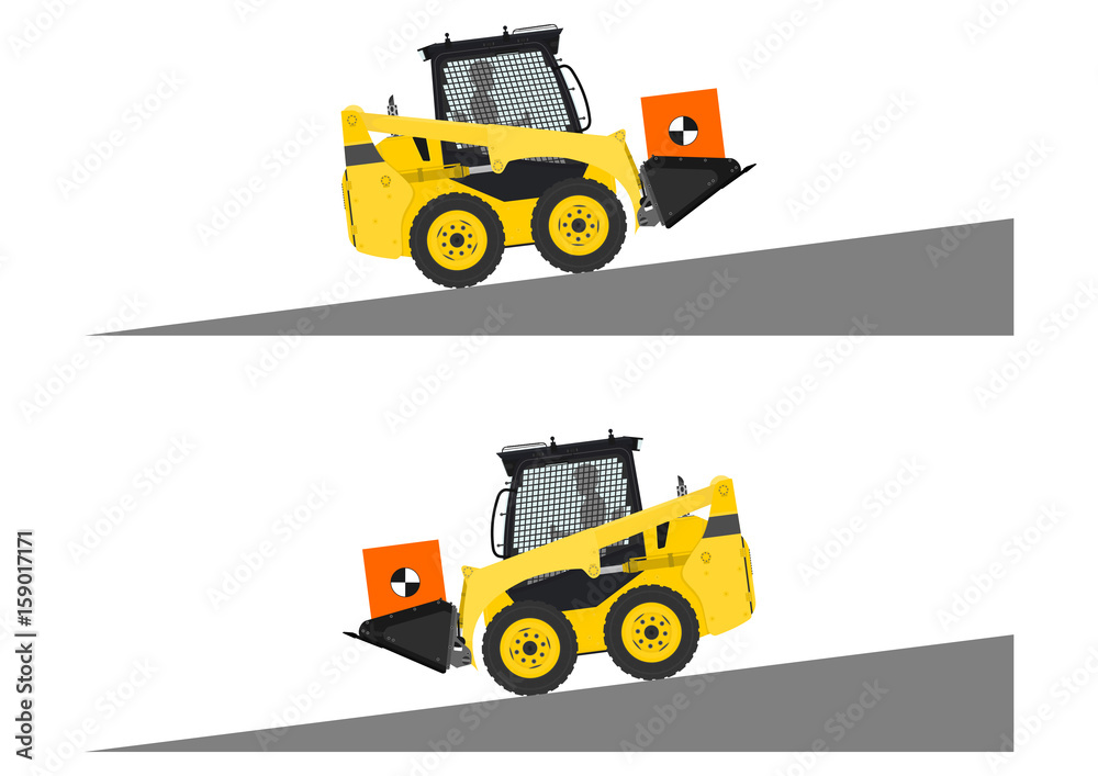 Skid steer loader safety tips. Driving uphill. Flat vector. Skid steer loader safety tips. Driving uphill. Flat vector.