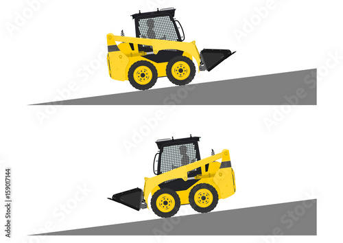 Skid steer loader safety tips. Driving uphill. Flat vector.