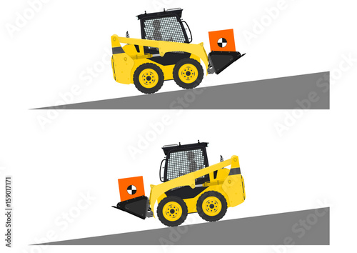 Skid steer loader safety tips. Driving uphill. Flat vector.