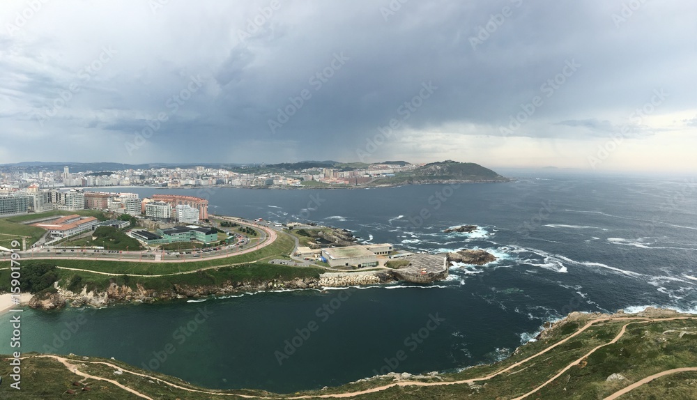 Panoramic view from the Tower of Hercules of the coastline of  La Coruna, Spain