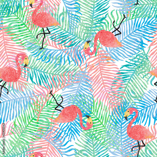 Seamless background with leaves and flamingos