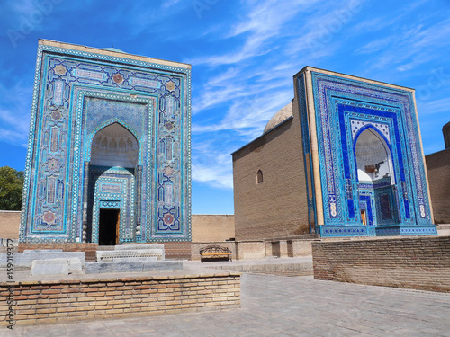 Mausoleums and ritual buildings of Khan (royal family). Necropolis of Shah-i-Zinda in Samarkand, Uzbekistan: blue and white mosaic on kings and nobles tomb photo
