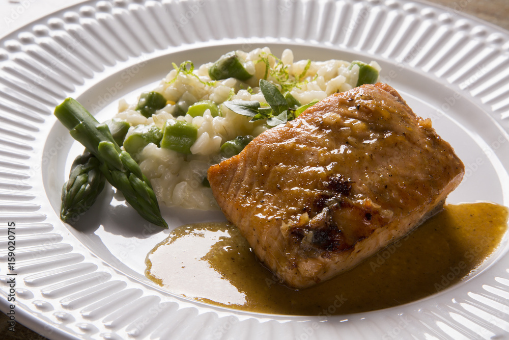 Asparagus risotto with grilled salmon Asparagus risotto with grilled salmon