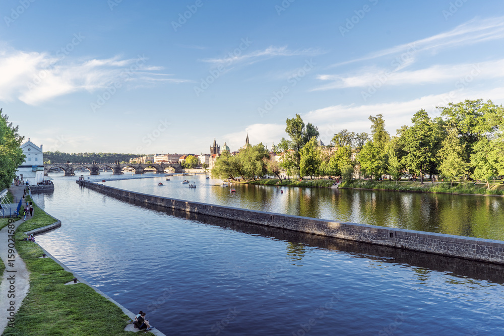 Panoramic views of Prague and the Vltava river, taken from the Legii bridge.
