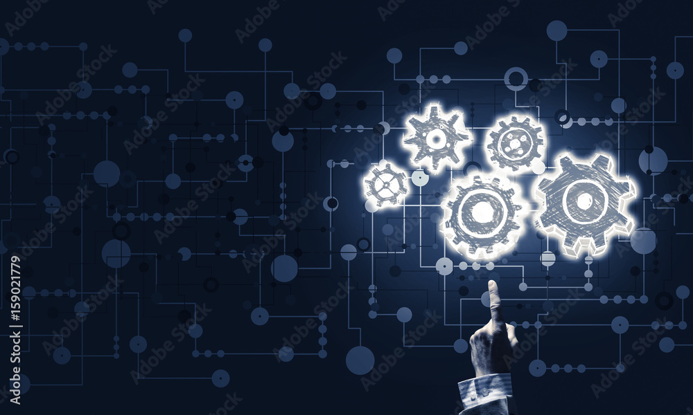 Glowing cogwheel mechanism icon on dark background as symbol of Glowing cogwheel mechanism icon on dark background as symbol of