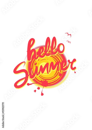 Hand drawn hot print with hello summer lettering, sun and seagull