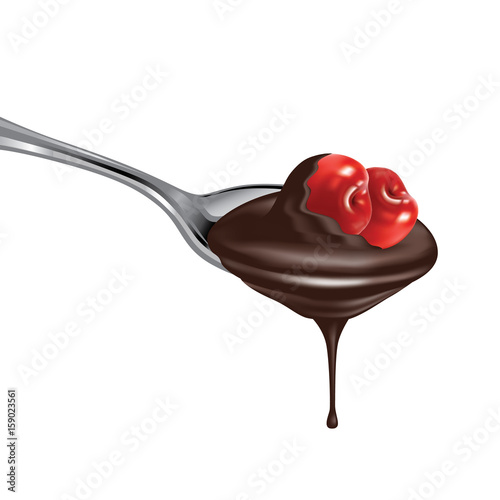 Spoon of dark chocolate with cherries