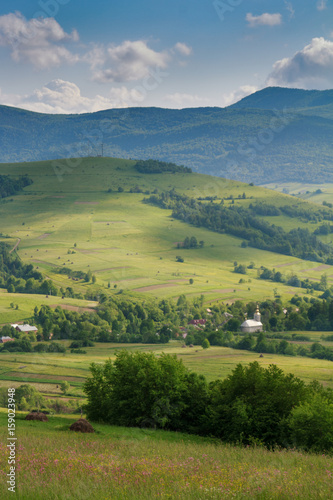 Scenic landscape of the countryside near alpine mountains. View of green hills covered by trees. Summer natural background. Sunlight shines through the trees.