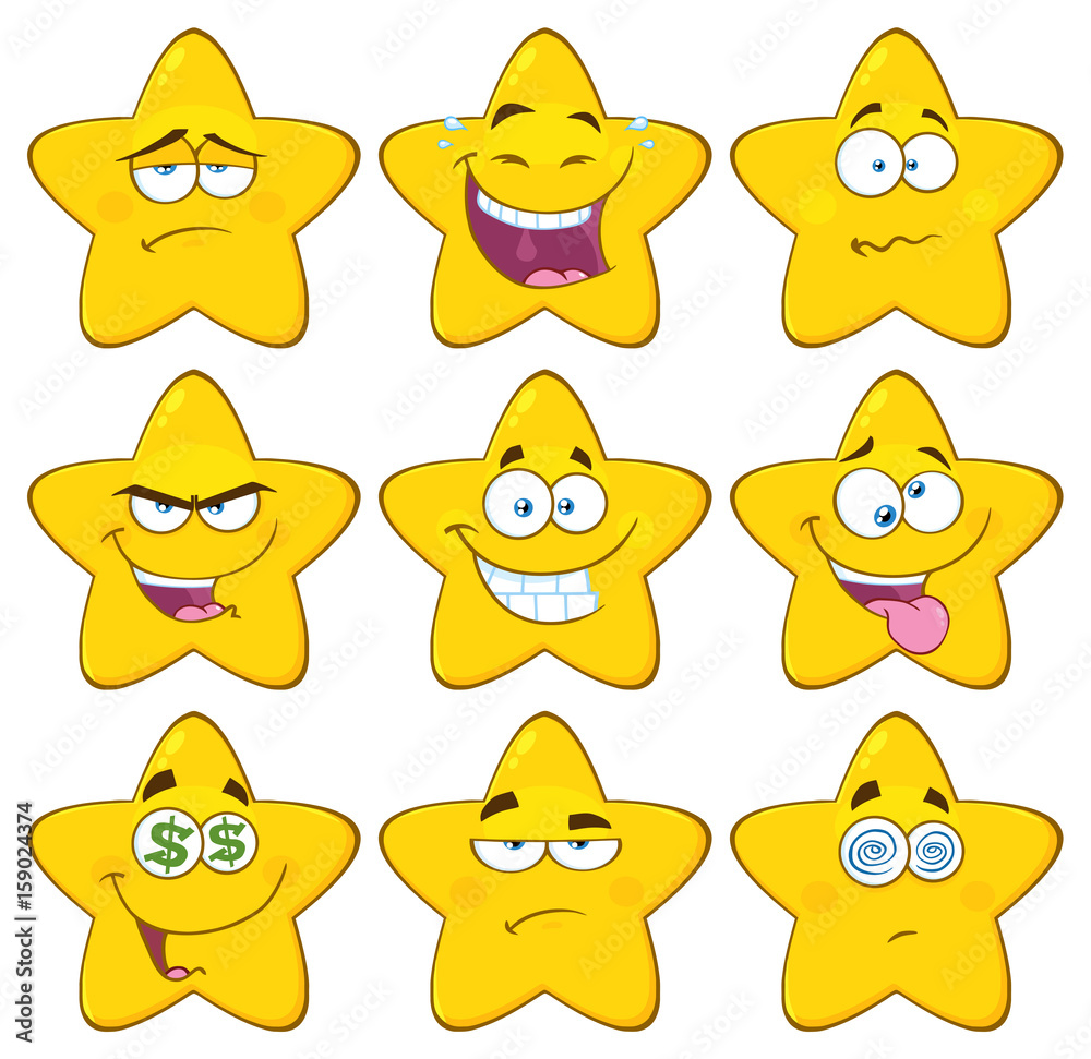 Funny Yellow Star Cartoon Emoji Face Series Character Set 2. Collection