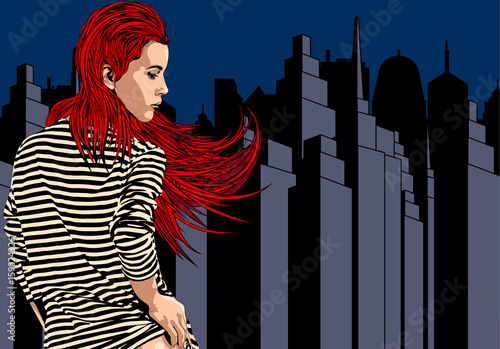 Woman near window with view on the night city. Long red hair. Vector image.