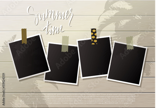 Summer background .Set of photo frames with adhesive tape. Wooden wall. Vector illustration.