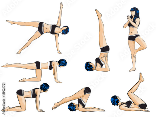 Woman doing yoga exercises. Vector images collection. Big set