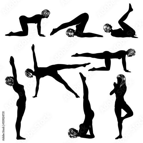 Woman doing yoga exercises. Vector images collection. Big set