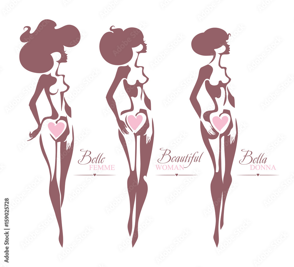 Belle femme. Beautiful woman. Bella donna. Three vector silhouettes of beautiful female figures. Symbol of femininity, beauty and health. Belle femme. Beautiful woman. Bella donna. Three vector silhouettes of beautiful female figures. Symbol of femininity, beauty and health.
