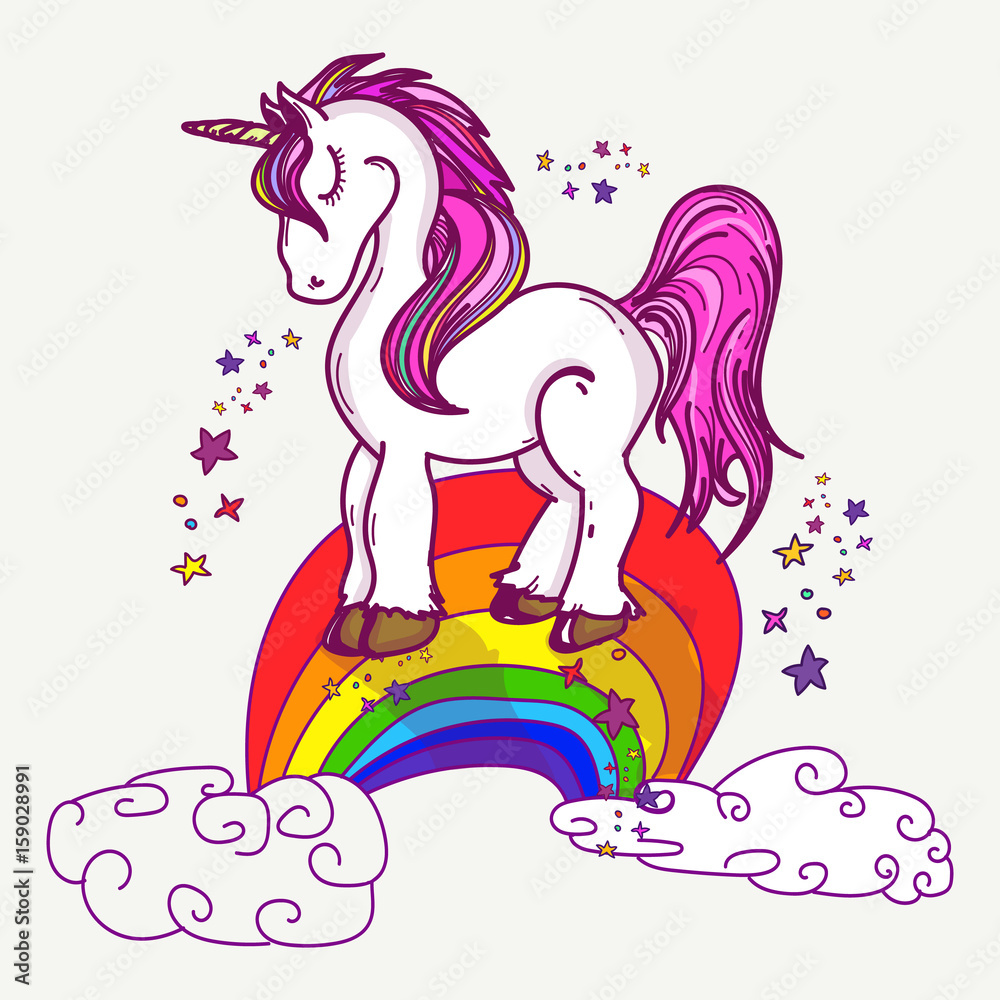 Magic unicorns on rainbow. Cute kids cartoon fantasy animal. Children's