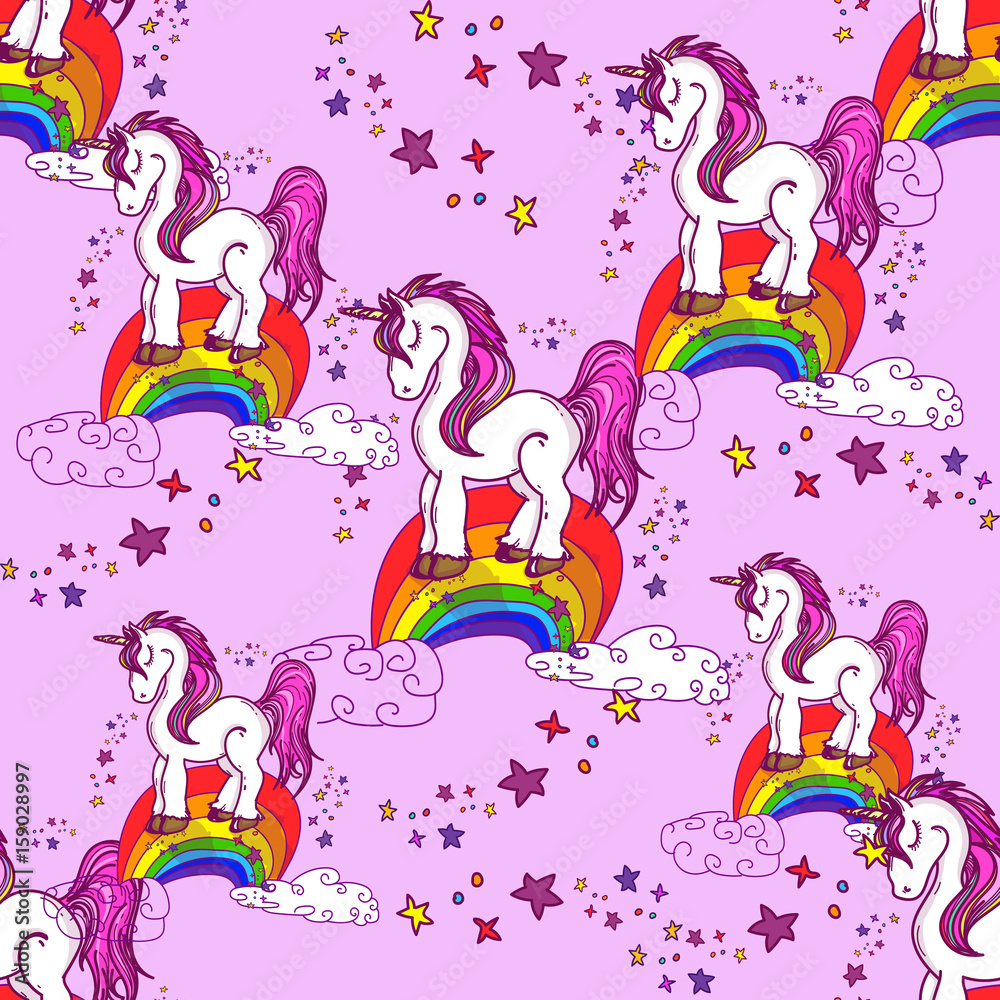 Magic unicorns on rainbow pink seamless pattern. Children's symbol of dream, creativity, imagination. Beautiful unicorn on color rainbow pattern. Cute kids cartoon fantasy animal