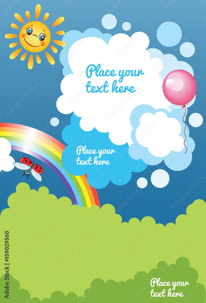 Kid cartoon template with clouds, rainbow and places for text