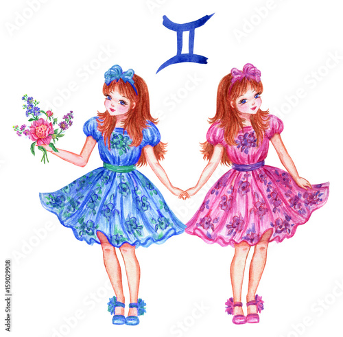 Sign of the zodiac, girlish horoscope. Two teenage girls in different dresses, watercolor illustration on white background.