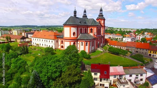 Church of The Assumption (1775) in small town Prestice. Architecture from above. Rare baroque monument in Czech Republic, Central Europe.  photo