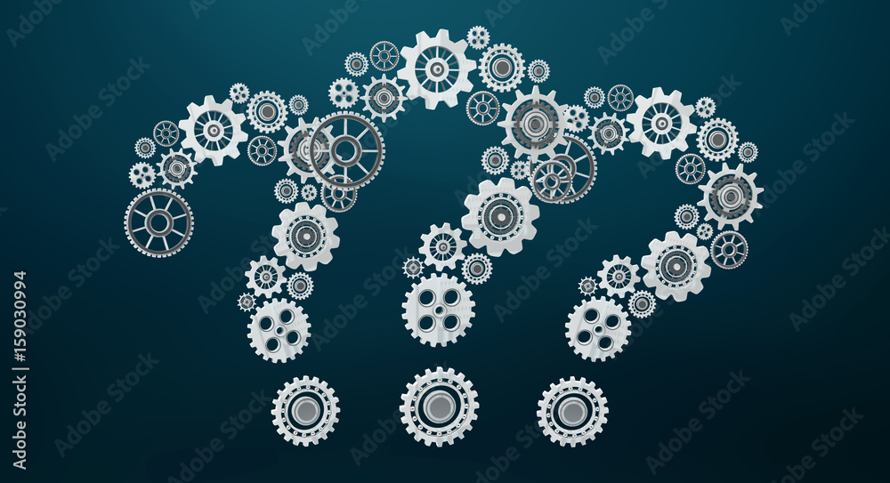 3D rendering gear icons question mark flying 3D rendering gear icons question mark flying
