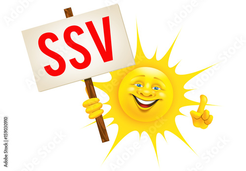 Fröhliche Sonne mit SSV Schild und Hand Geste