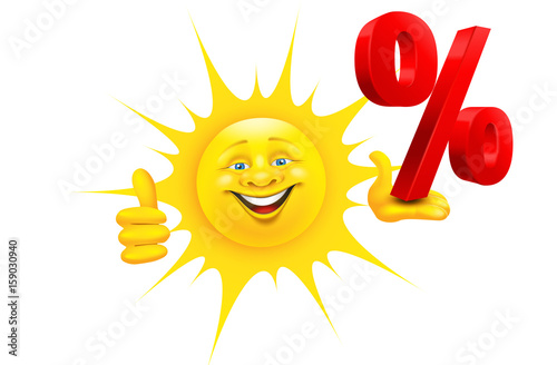 Sonne mit fröhlichem Gesichtsausdruck und Daumen hoch Geste hält Prozent Zeichen